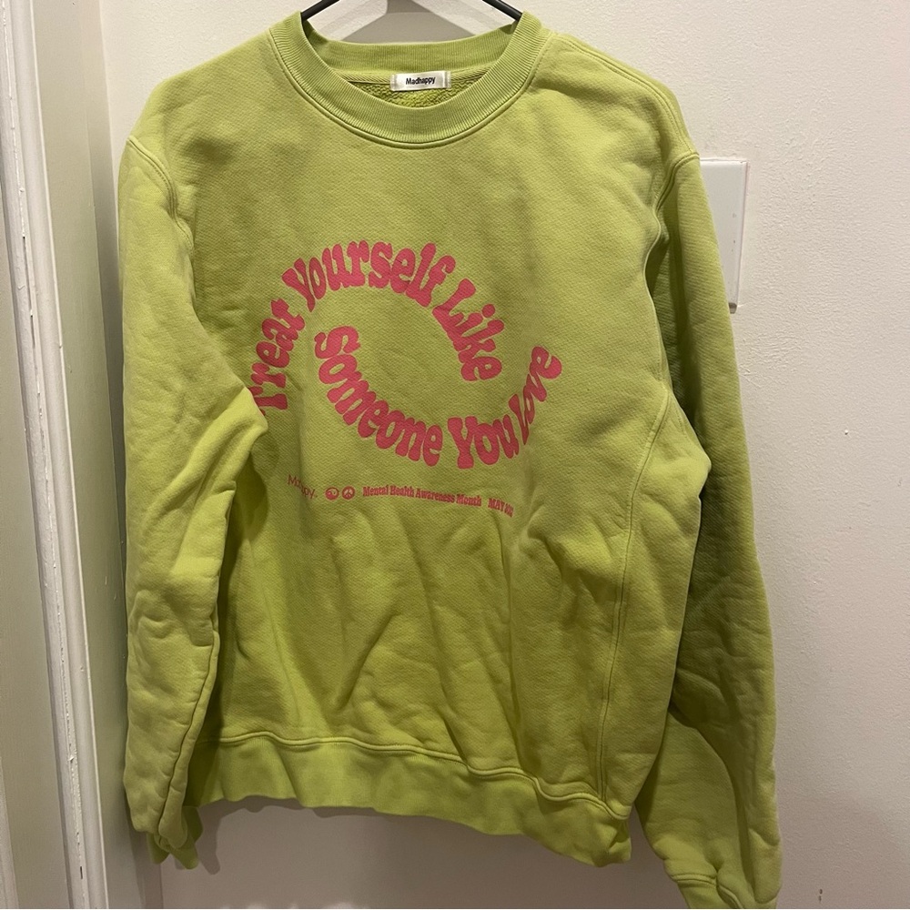 Green MadHappy Crewneck w pink lettering